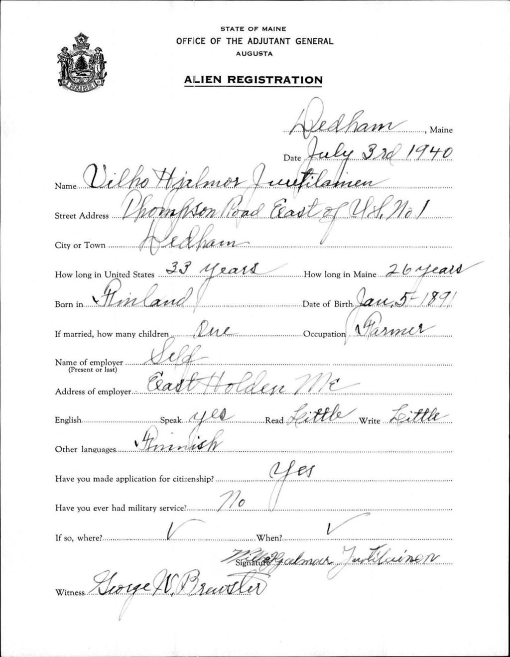 Miniature of Alien Registration- Juutilainen, Vilho H. (Dedham, Hancock County)