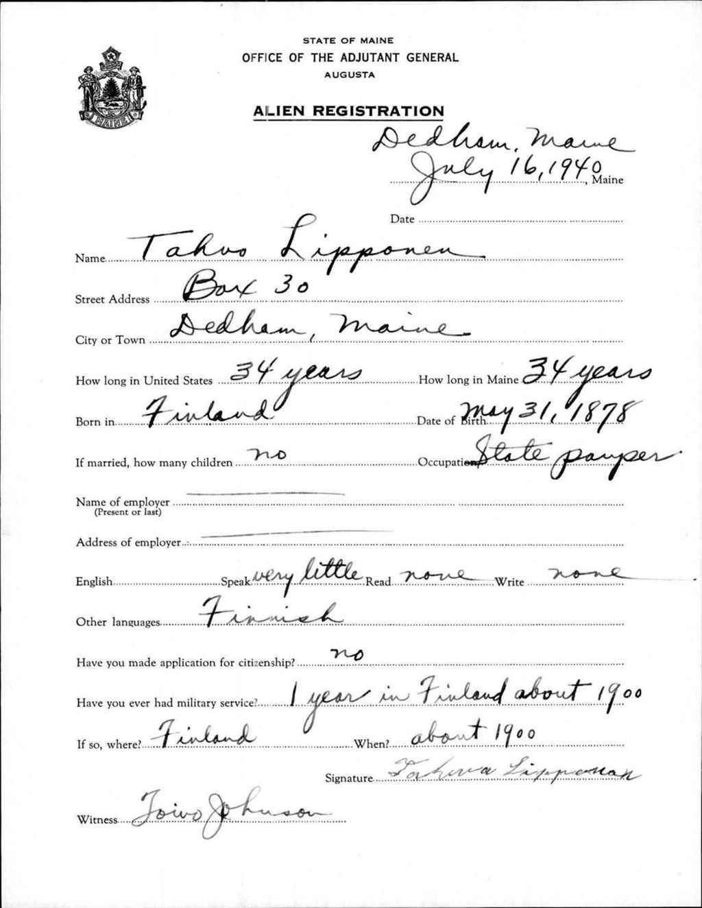 Miniature of Alien Registration- Lipponen, Tahvo (Dedham, Hancock County)