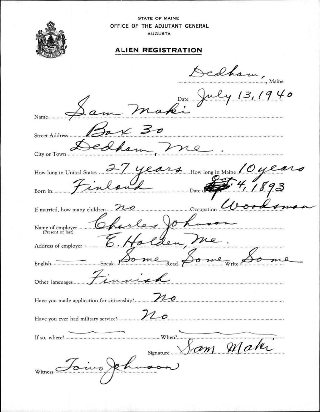 Miniature of Alien Registration- Maki, Sam (Dedham, Hancock County)