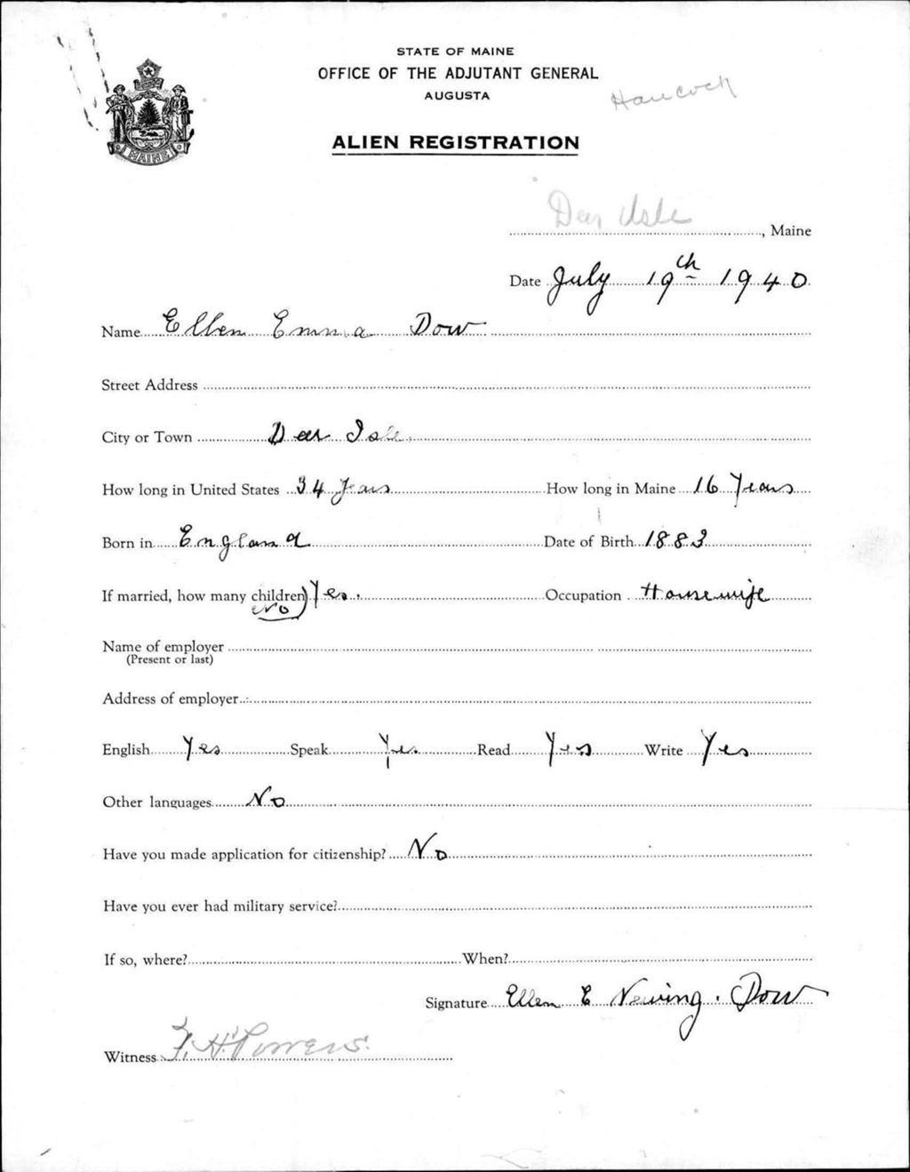 Miniature of Alien Registration- Dow, Ellen E. (Deer Isle, Hancock County)