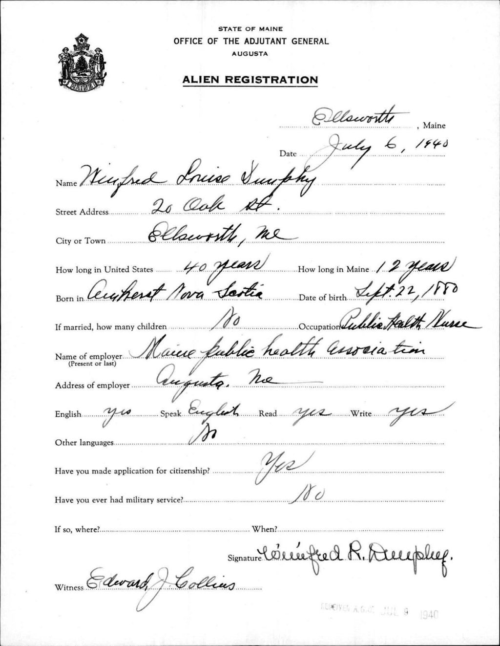 Miniature of Alien Registration- Durphy, Winifred R. (Ellsworth, Hancock County)