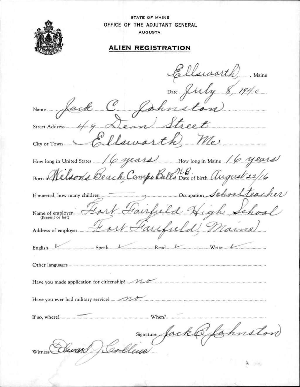Miniature of Alien Registration- Johnston, Jack C. (Ellsworth, Hancock County)