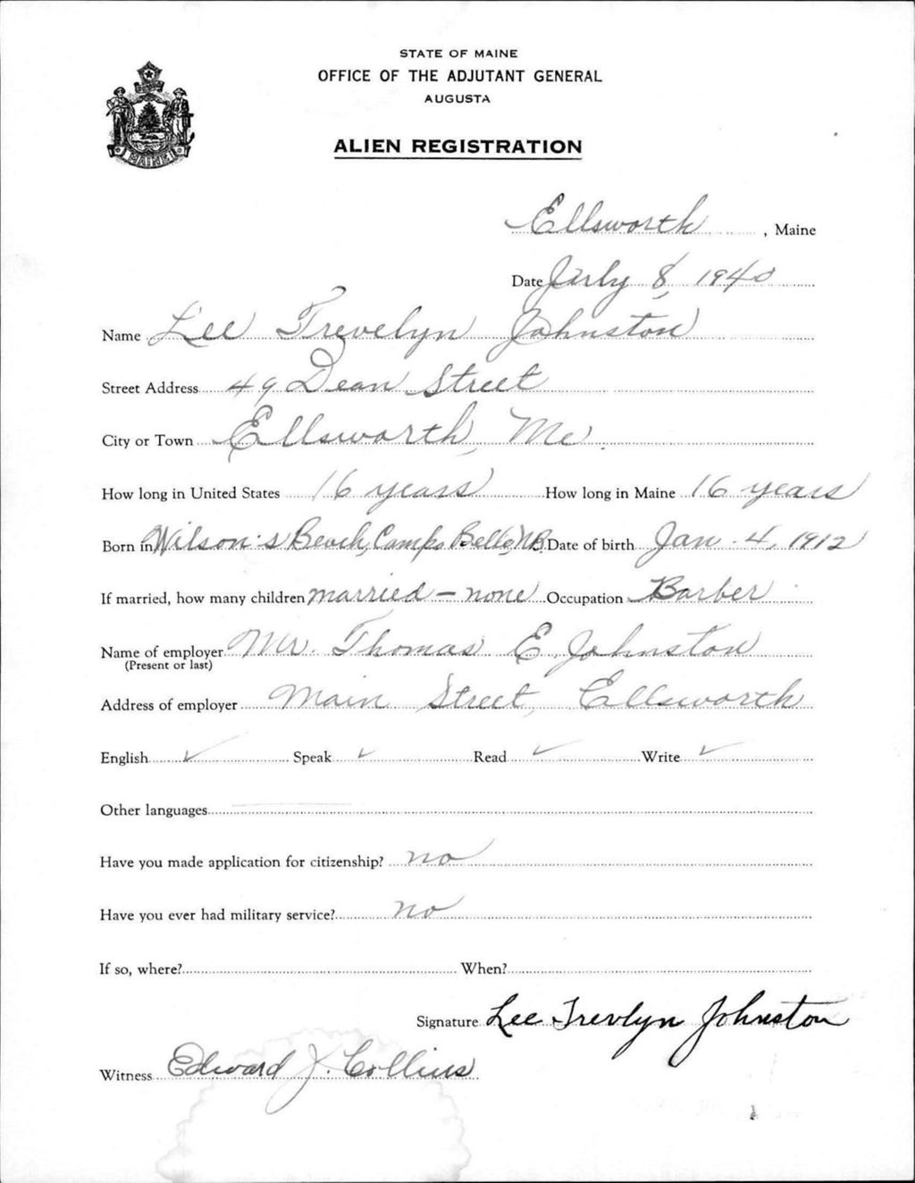 Miniature of Alien Registration- Johnston, Lee T. (Ellsworth, Hancock County)