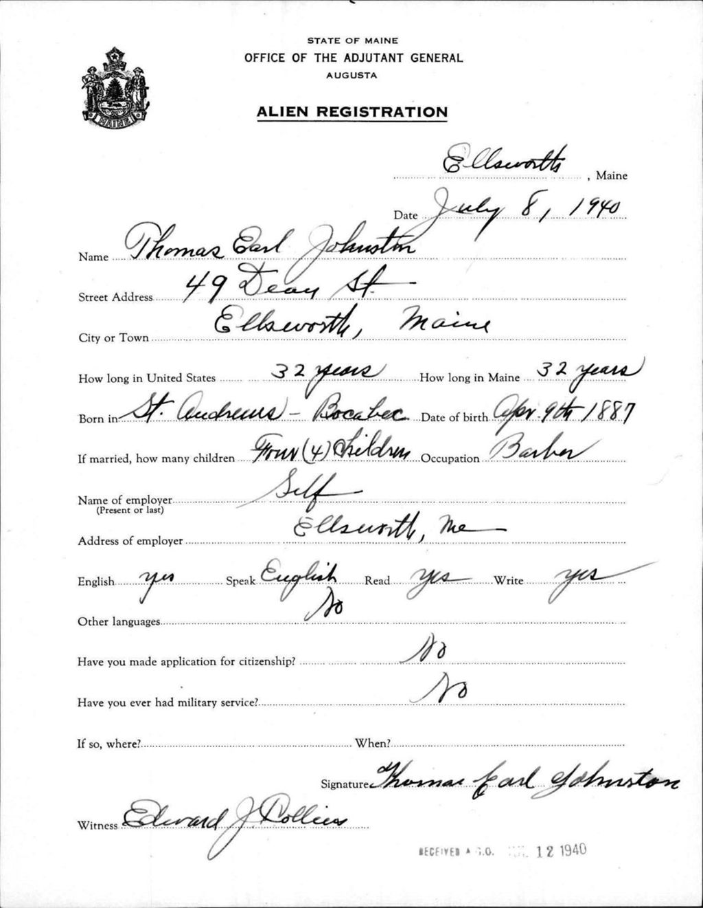 Miniature of Alien Registration- Johnston, Thomas E. (Ellsworth, Hancock County)