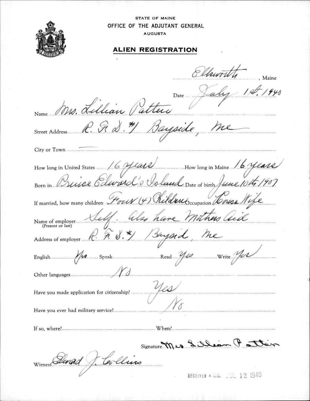 Miniature of Alien Registration- Patten, Lillian (Ellsworth, Hancock County)