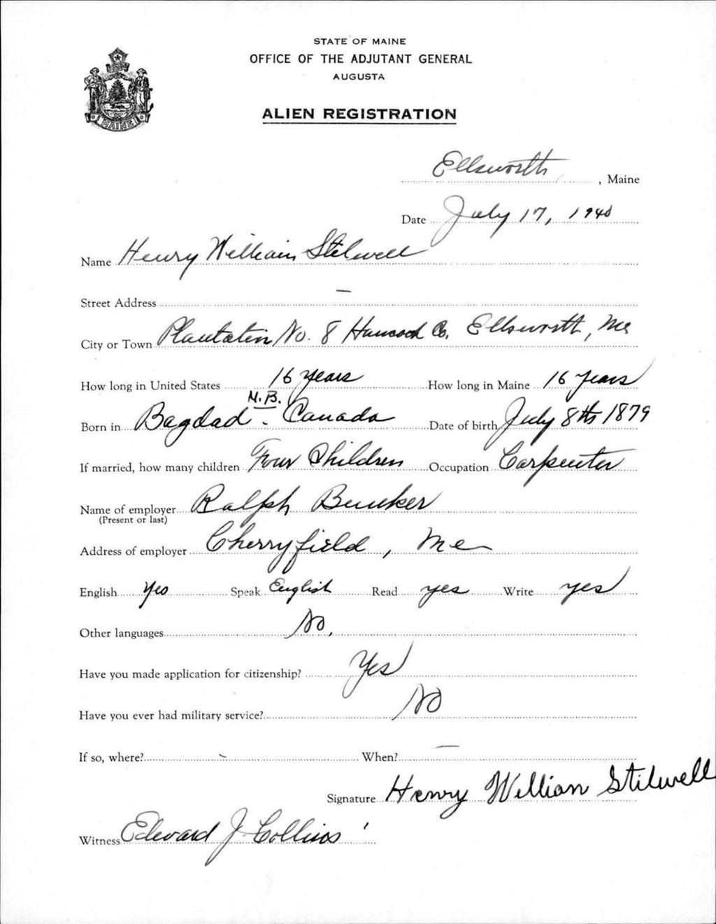 Miniature of Alien Registration- Stelwell, Henry W. (Ellsworth, Hancock County)