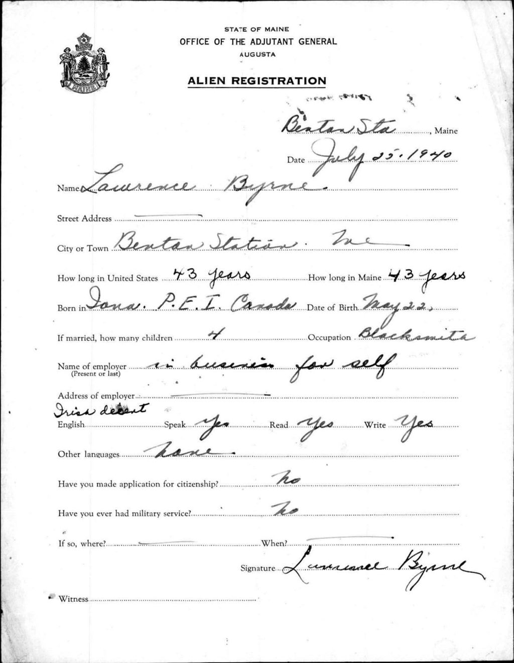 Miniature of Alien Registration- Byrne, Lawrence (Benton, Kennebec County)