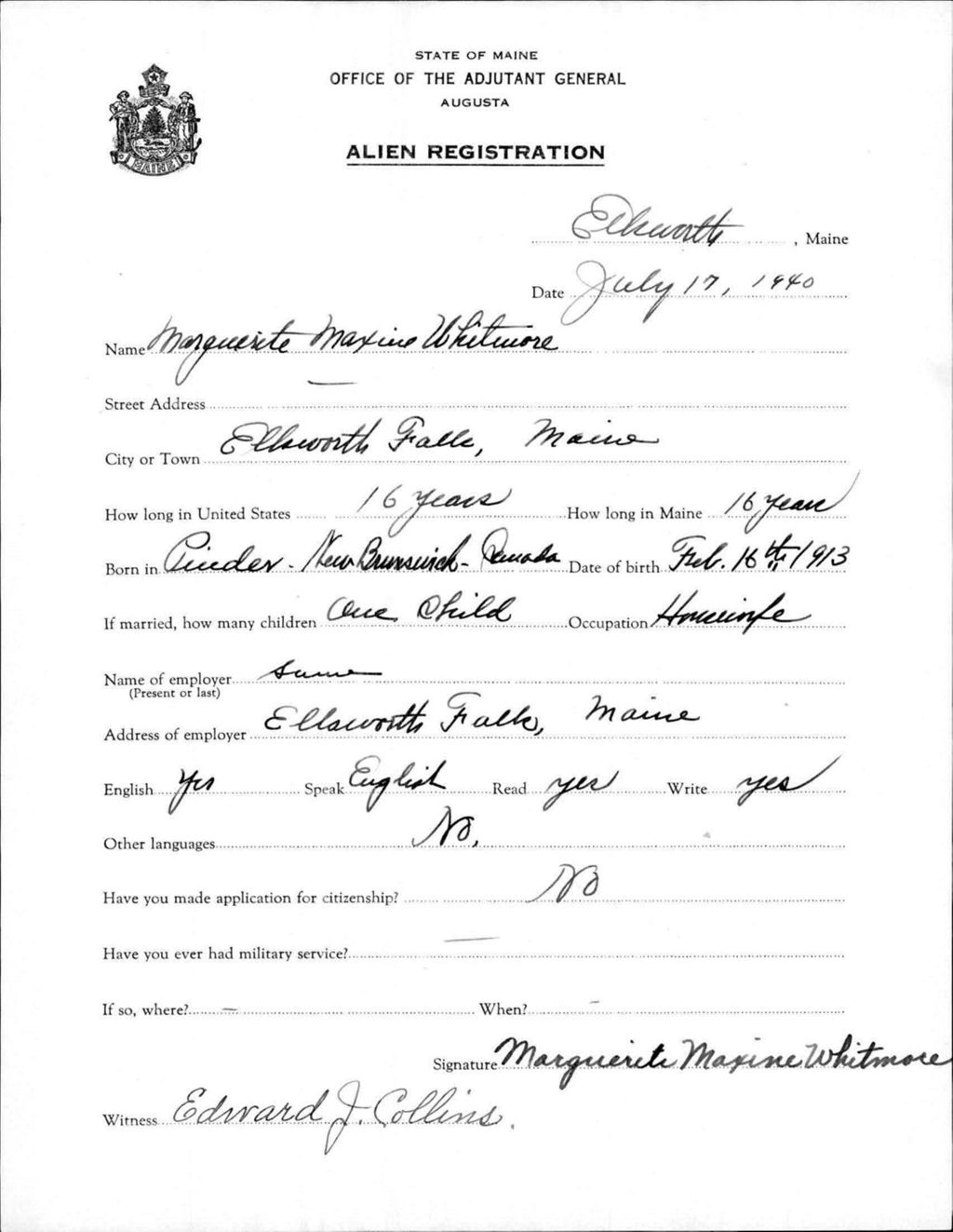 Miniature of Alien Registration- Whitmore, Marguerite M. (Ellsworth, Hancock County)