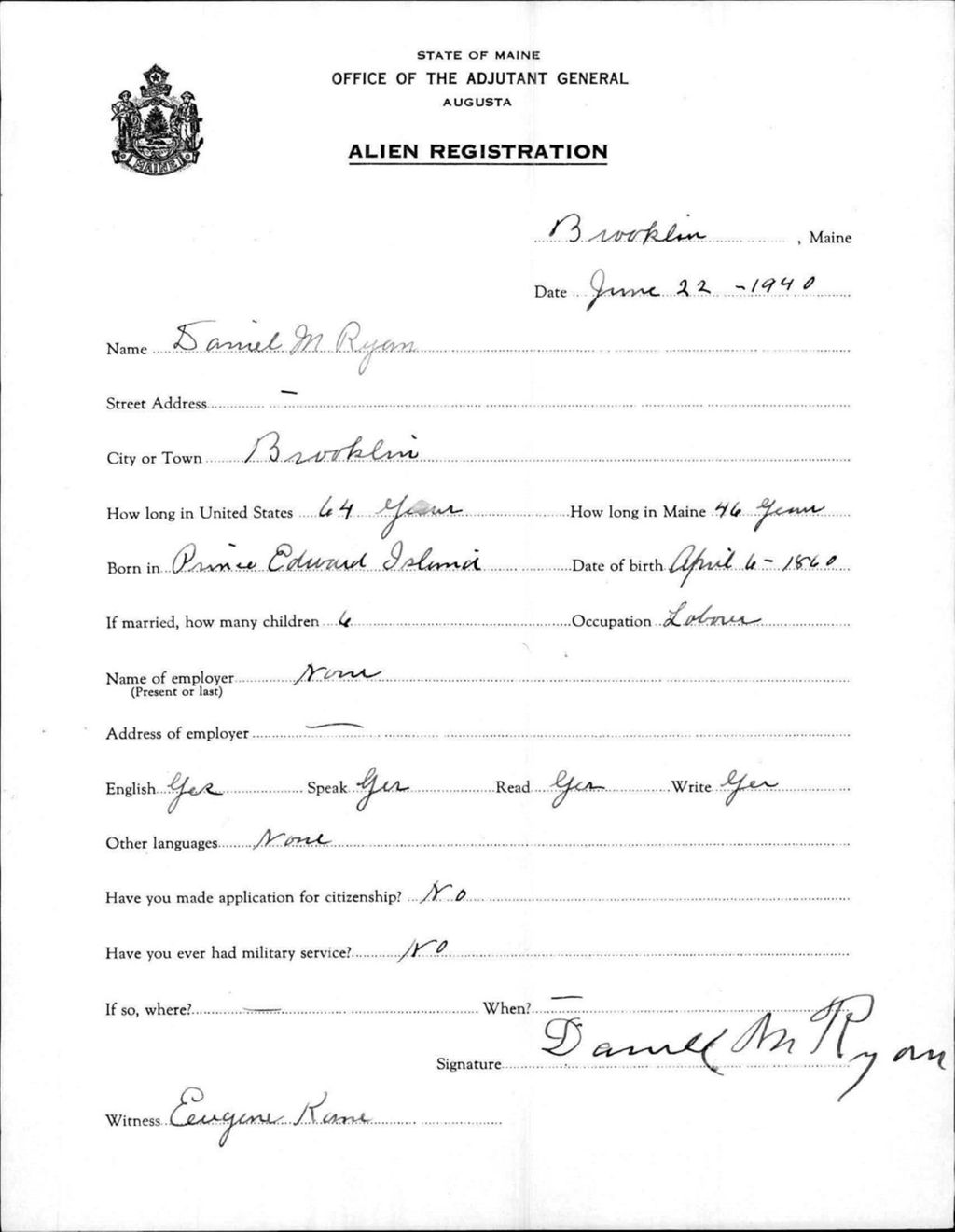 Miniature of Alien Registration- Ryan, Daniel M. (Brooklin, Hancock County)