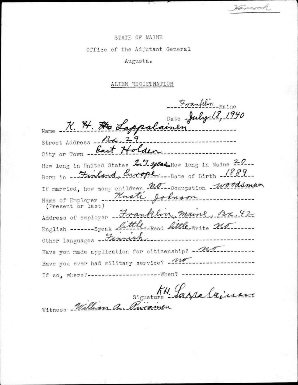 Miniature of Alien Registration- Lappalainen, K H. (Franklin, Hancock County)