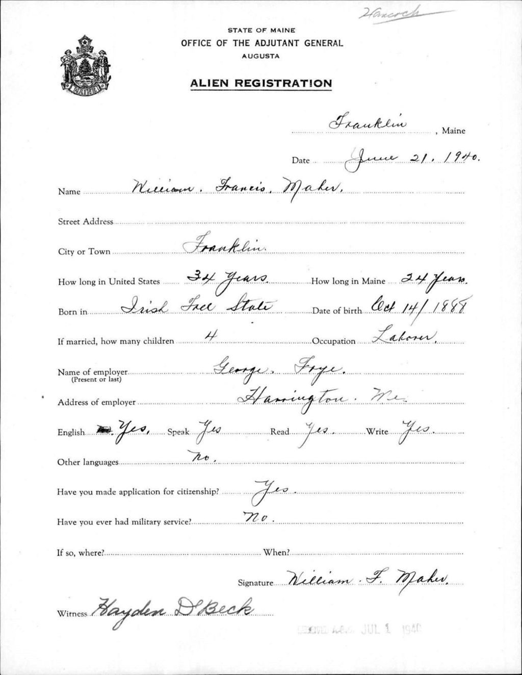 Miniature of Alien Registration- Maher, William F. (Franklin, Hancock County)