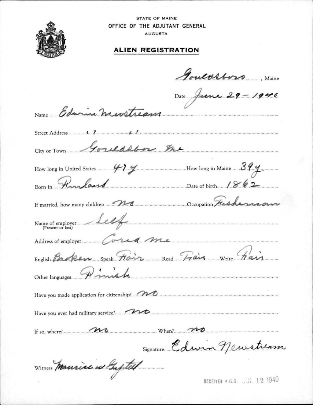 Miniature of Alien Registration- Newstream, Edwin (Gouldsboro, Hancock County)