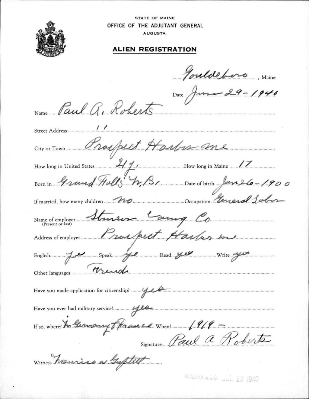 Miniature of Alien Registration- Roberts, Paul A. (Gouldsboro, Hancock County)