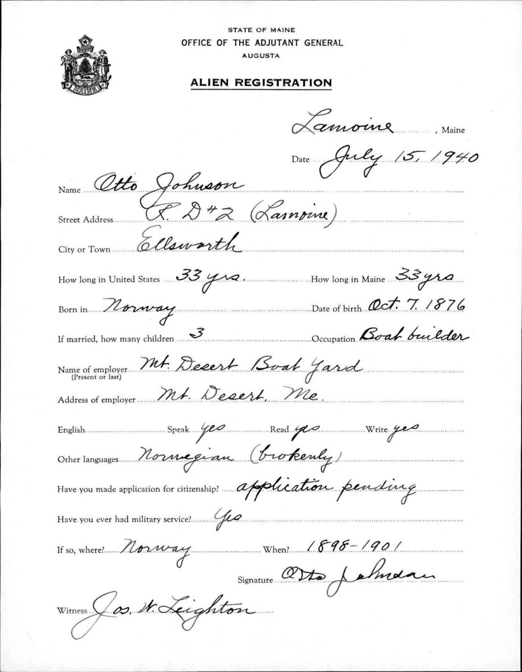 Miniature of Alien Registration- Johnson, Otto (Lamoine, Hancock County)