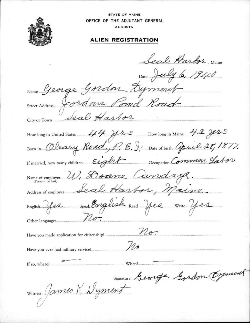 Miniature of Alien Registration- Dyment, George G. (Seal Harbor, Hancock County)