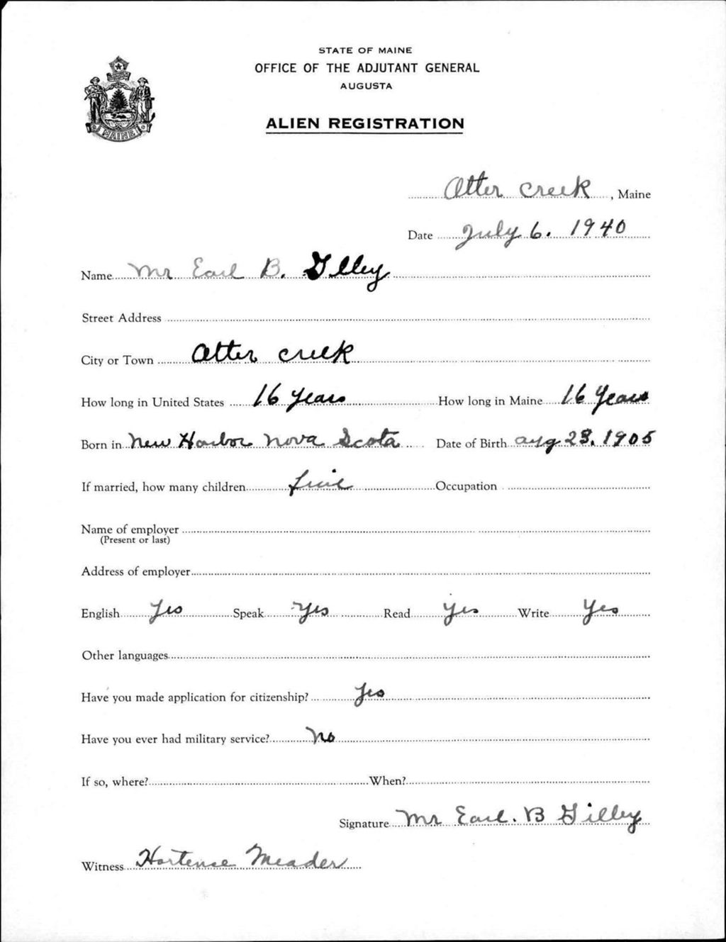 Miniature of Alien Registration- Gilley, Earl B. (Seal Harbor, Hancock County)