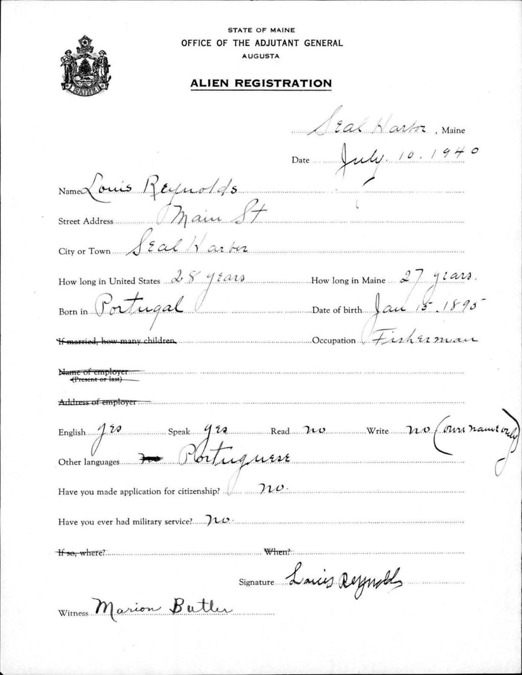 Miniature of Alien Registration- Reynolds, Louis (Seal Harbor, Hancock County)