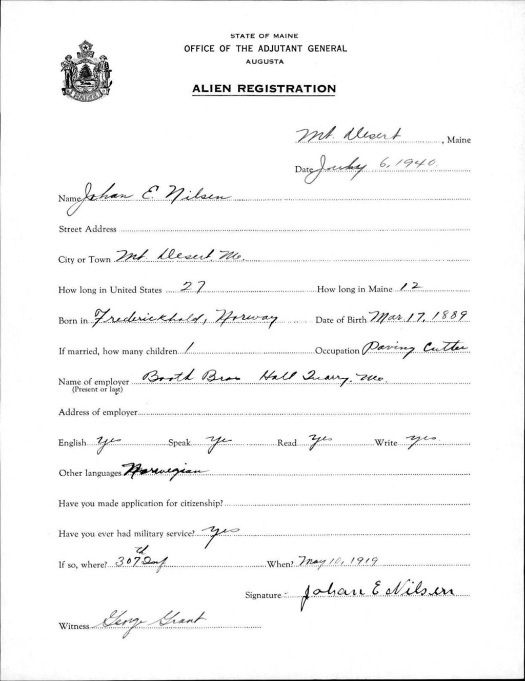 Miniature of Alien Registration- Nilsen, Johan E. (Seal Harbor, Hancock County)