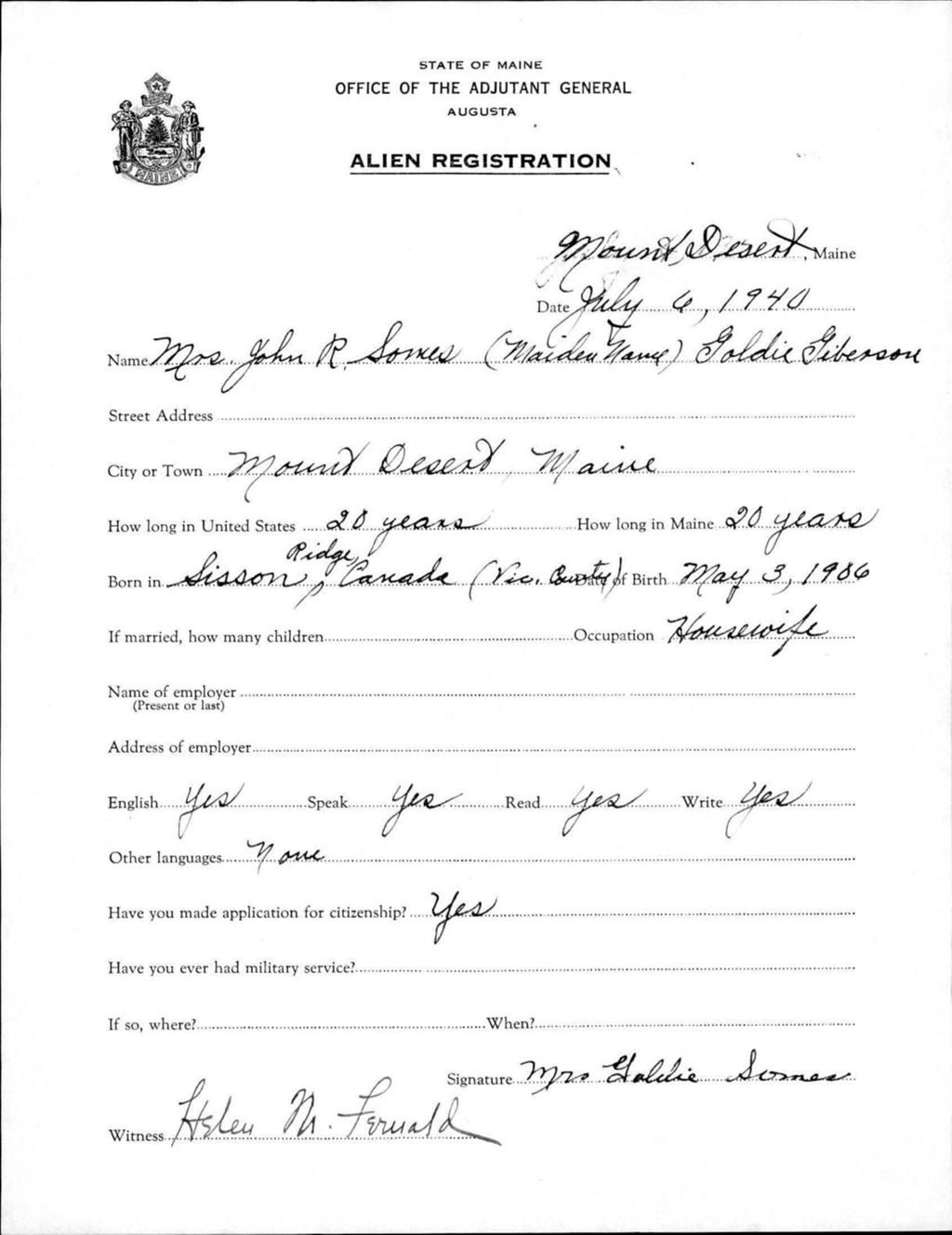 Miniature of Alien Registration- Giberson, Goldie (Seal Harbor, Hancock County)