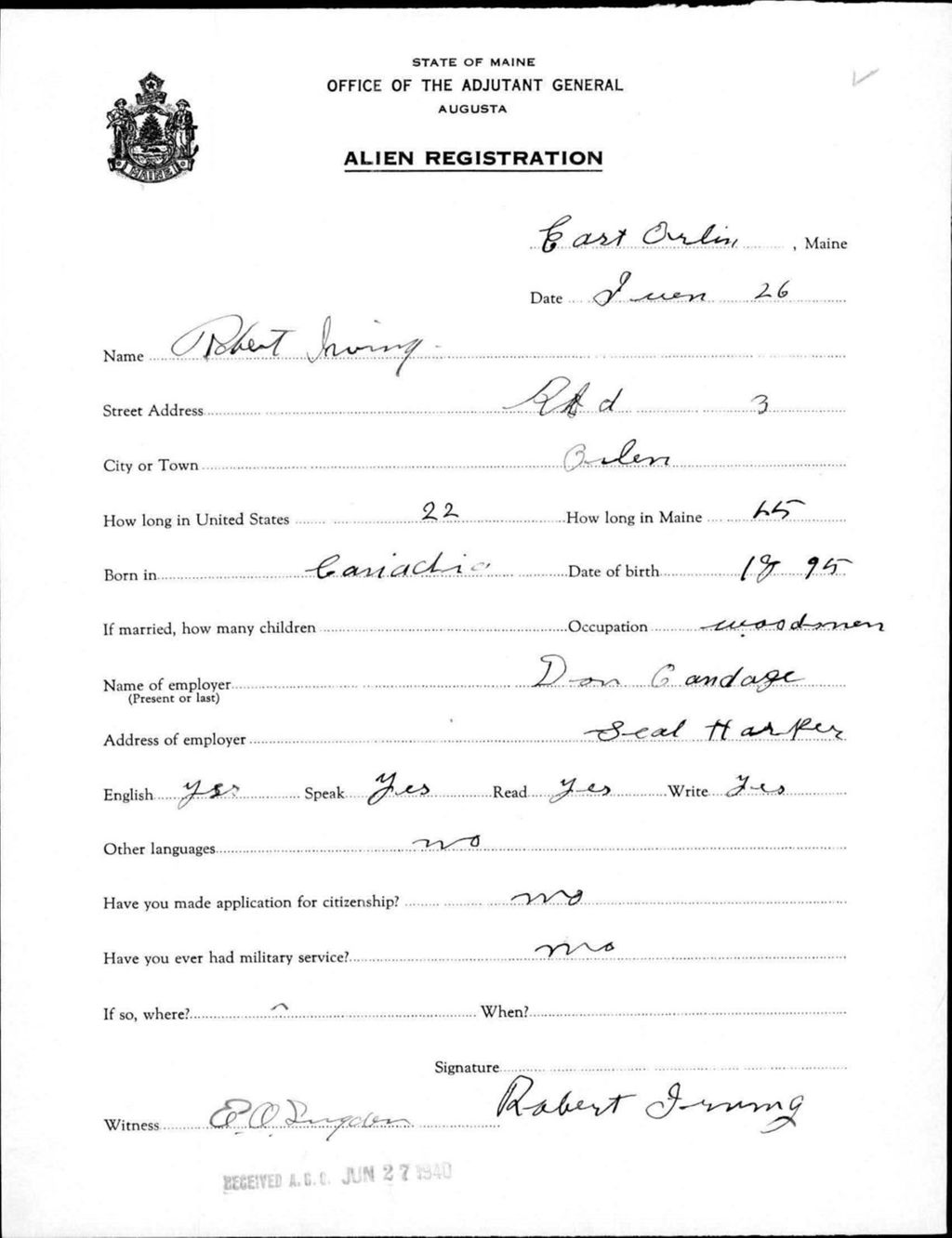 Miniature of Alien Registration- Irving, Robert (Orland, Hancock County)