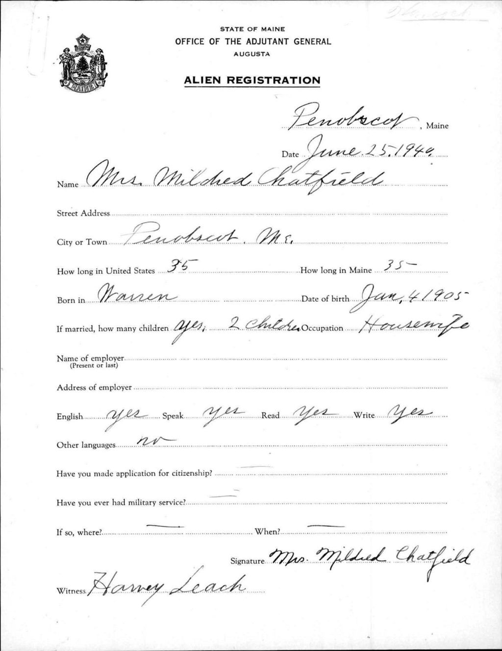 Miniature of Alien Registration- Chatfield, Mildred (Penobscot, Hancock County)