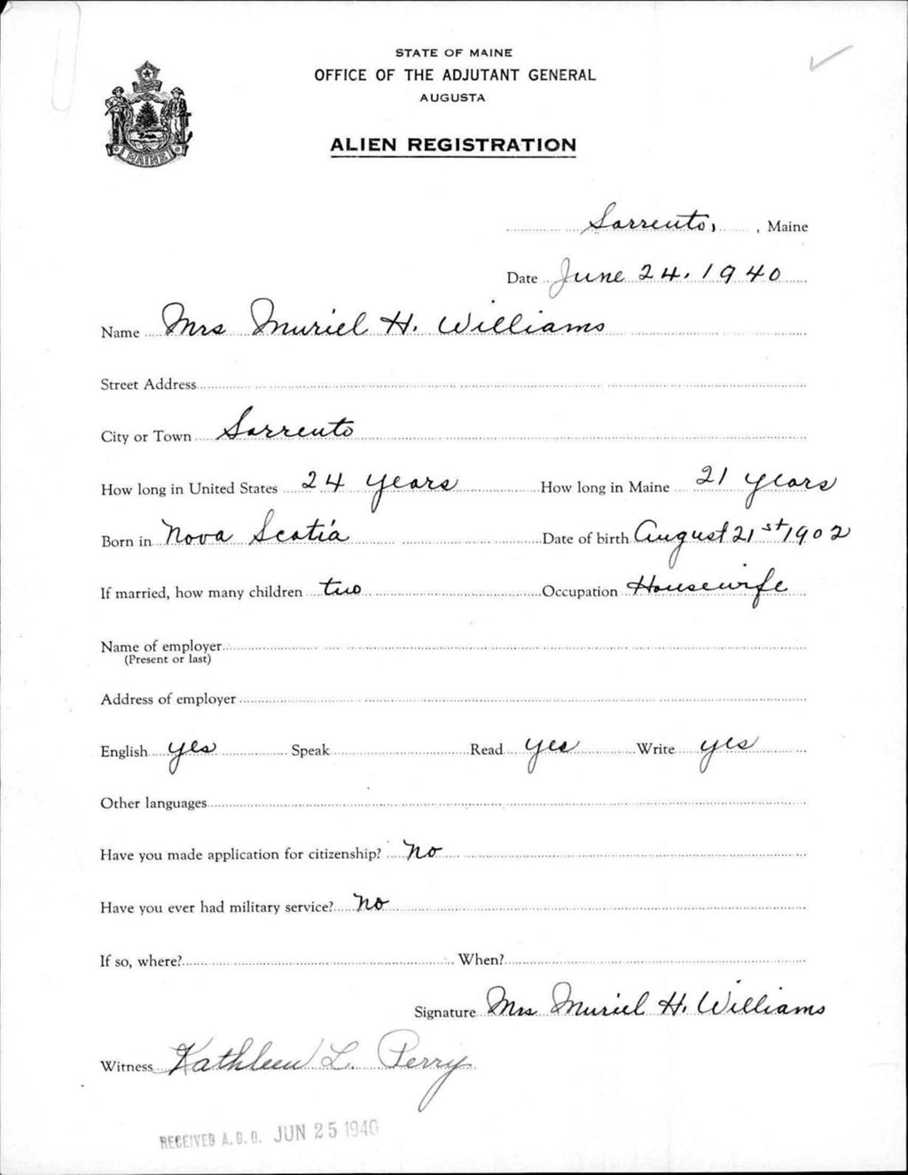 Miniature of Alien Registration- Williams, Muriel H. (Sorrento, Hancock County)
