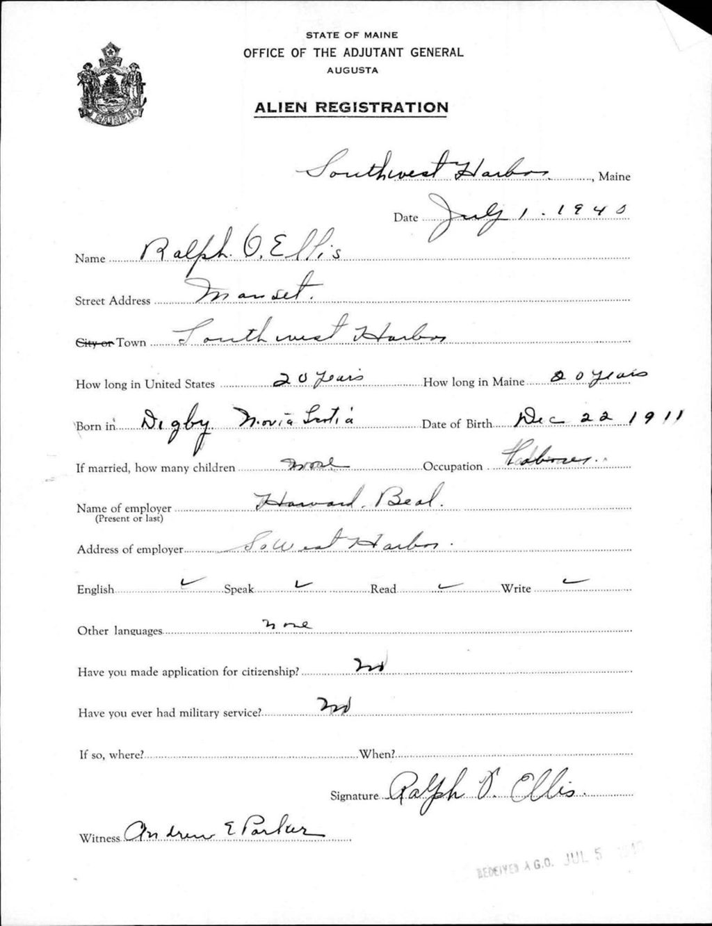 Miniature of Alien Registration- Ellis, Ralph O. (Southwest Harbor, Hancock County)