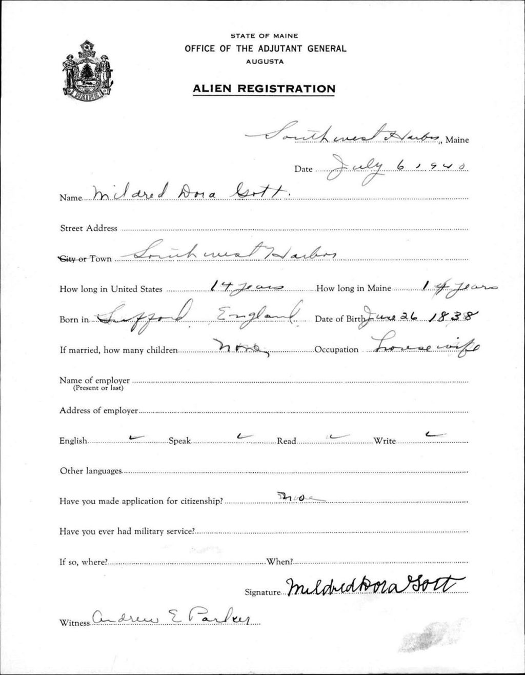 Miniature of Alien Registration- Gott, Mildred D. (Southwest Harbor, Hancock County)