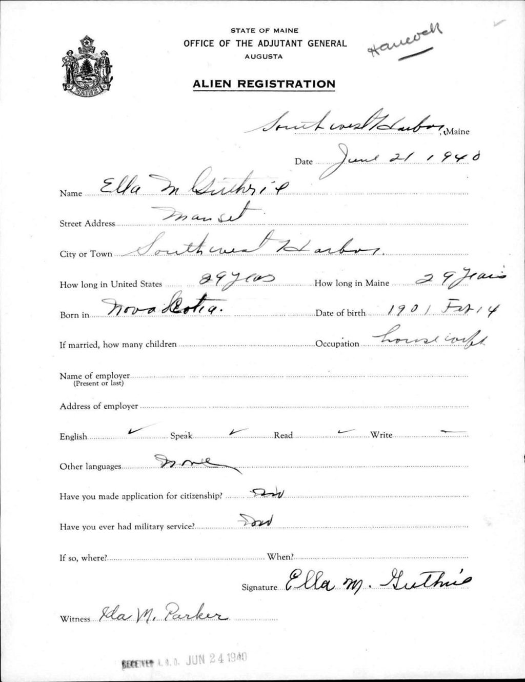 Miniature of Alien Registration- Guthrie, Ella M. (Southwest Harbor, Hancock County)
