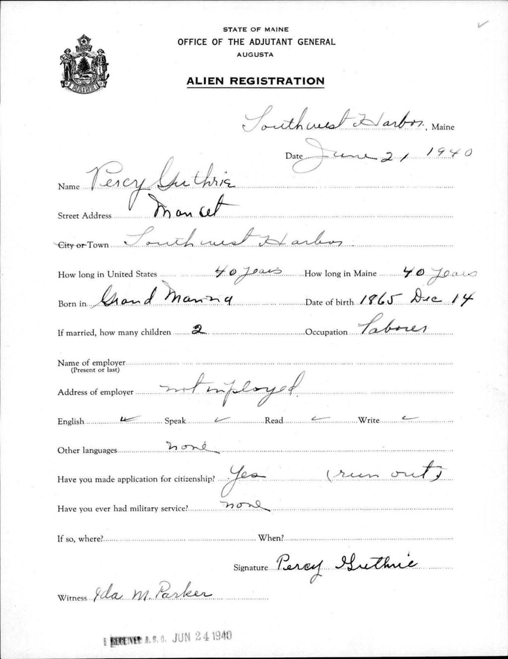 Miniature of Alien Registration- Guthrie, Percy (Southwest Harbor, Hancock County)