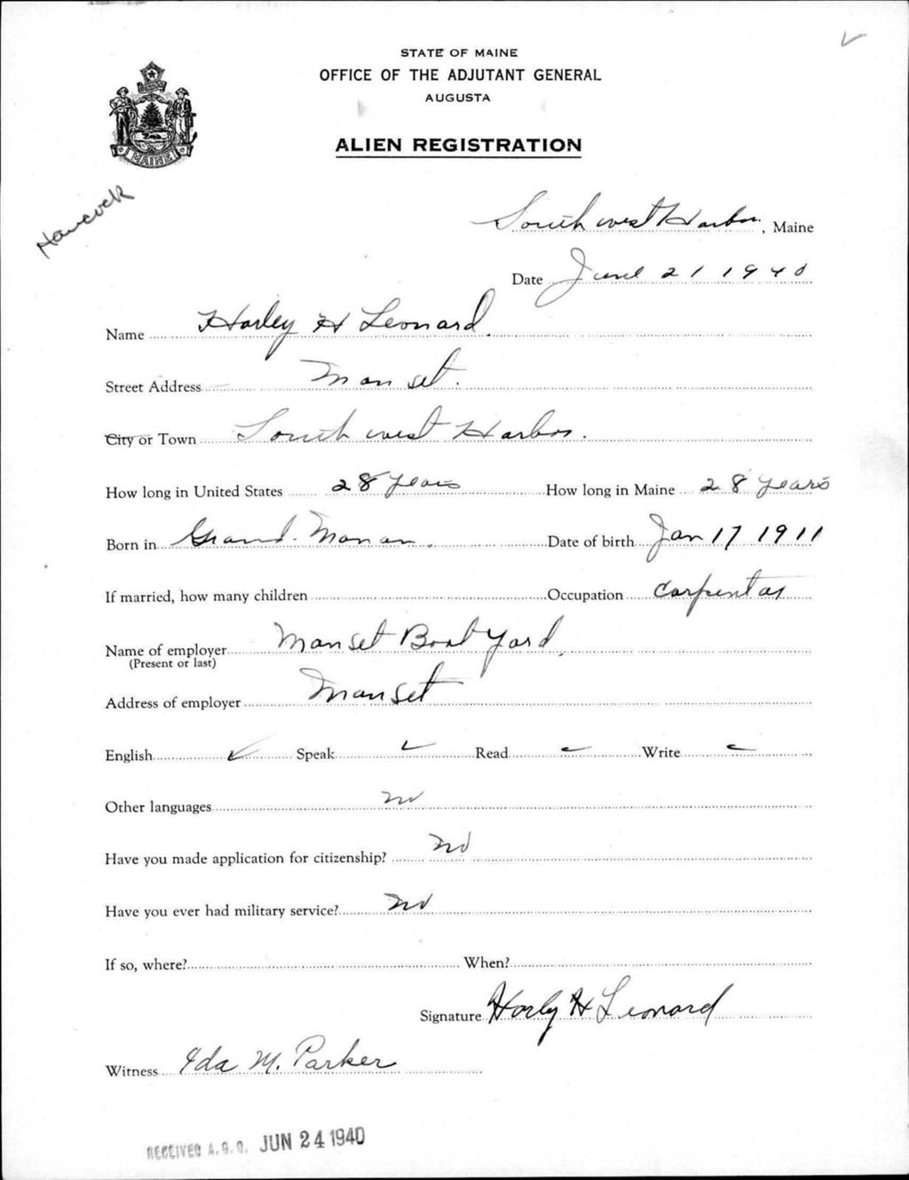 Miniature of Alien Registration- Leonard, Harley H. (Southwest Harbor, Hancock County)