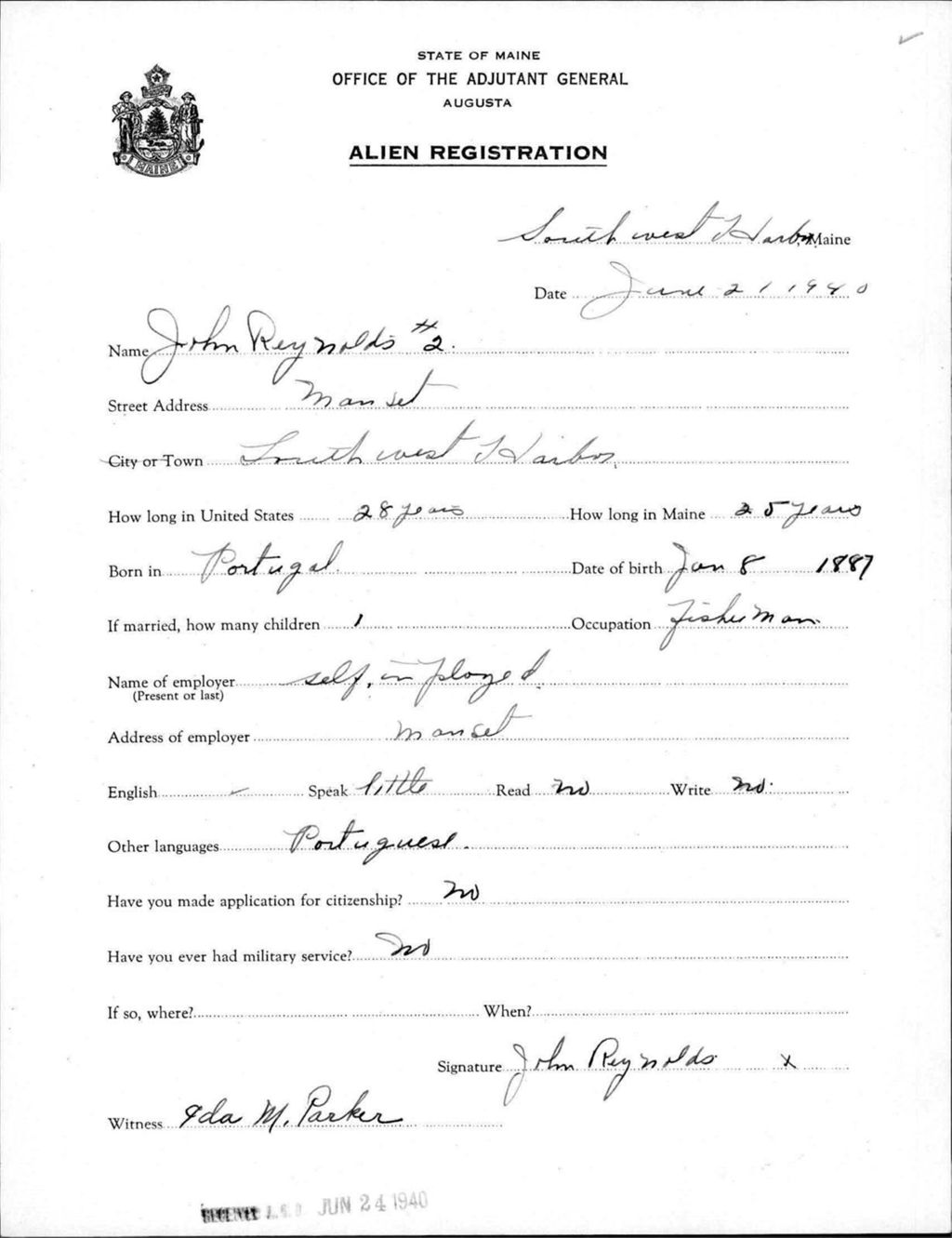 Miniature of Alien Registration- Reynolds, John (Southwest Harbor, Hancock County)