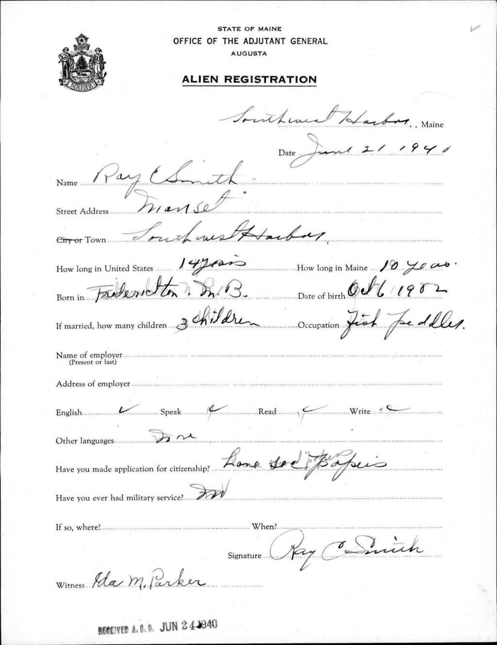 Miniature of Alien Registration- Smith, Ray E. (Southwest Harbor, Hancock County)