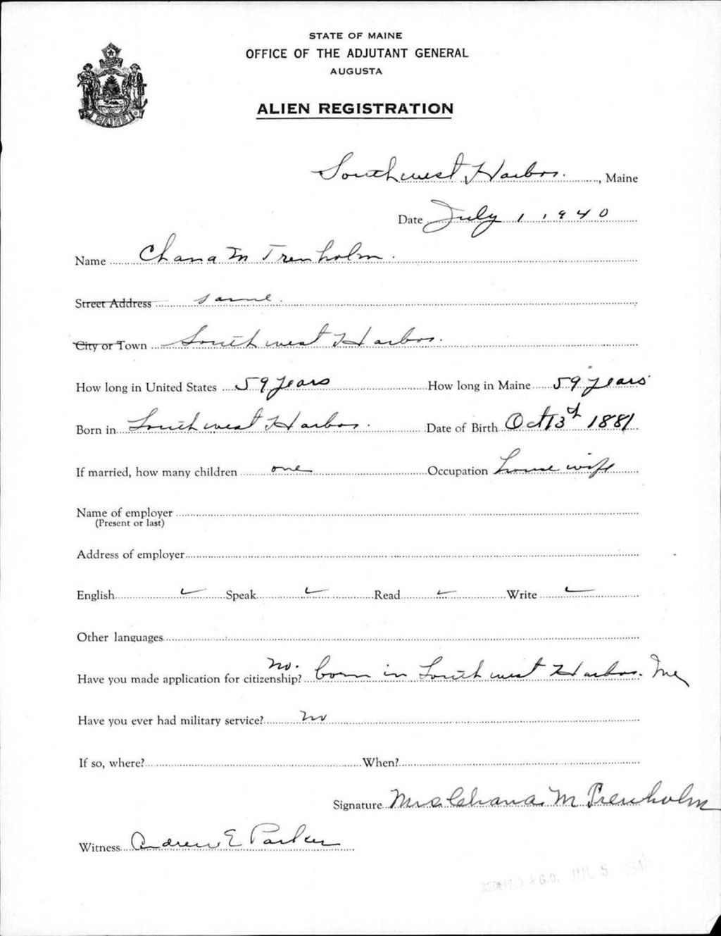 Miniature of Alien Registration- Trenholm, Chana M. (Southwest Harbor, Hancock County)