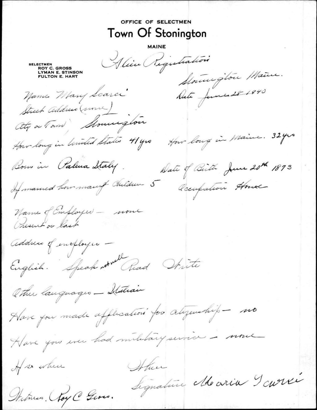 Miniature of Alien Registration- Scarci, Mary (Stonington, Hancock County)