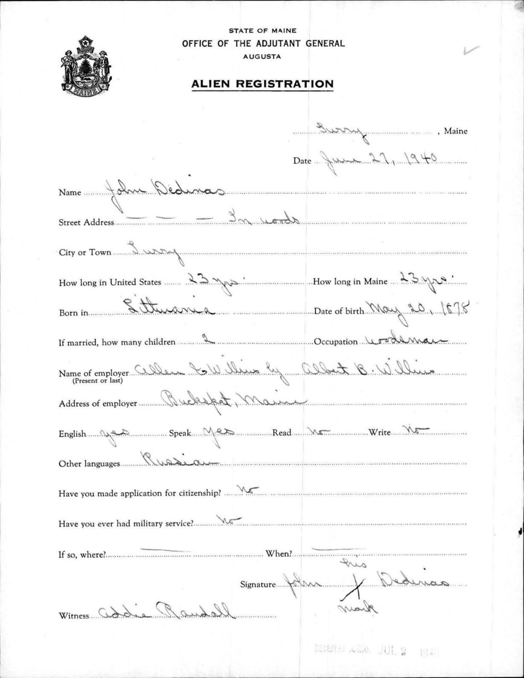 Miniature of Alien Registration- Dedinas, John (Surry, Hancock County)