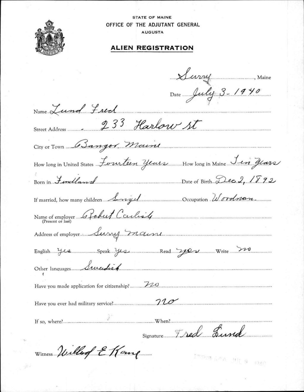 Miniature of Alien Registration- Lund, Fred (Surry, Hancock County)