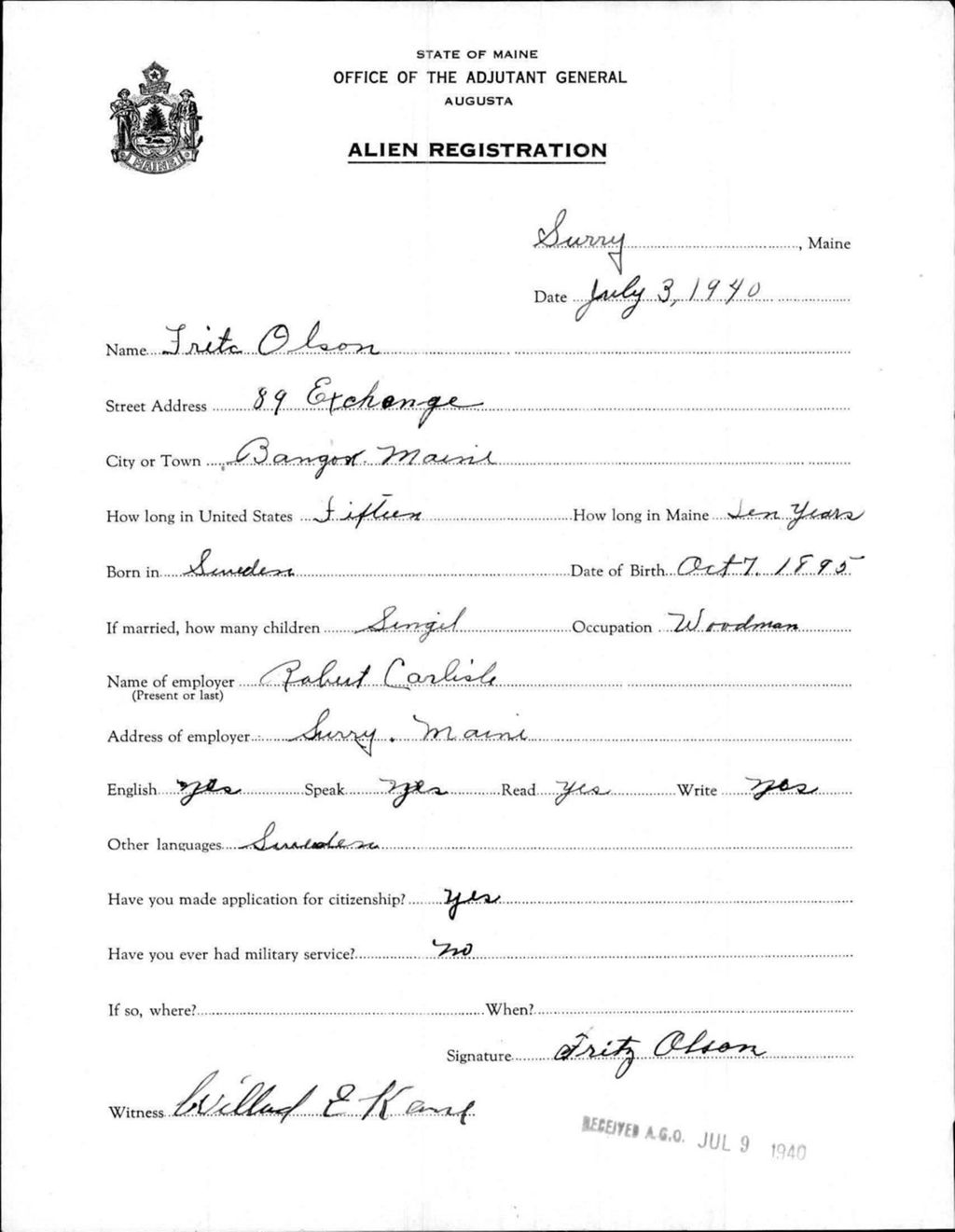 Miniature of Alien Registration- Olson, Fritz (Surry, Hancock County)