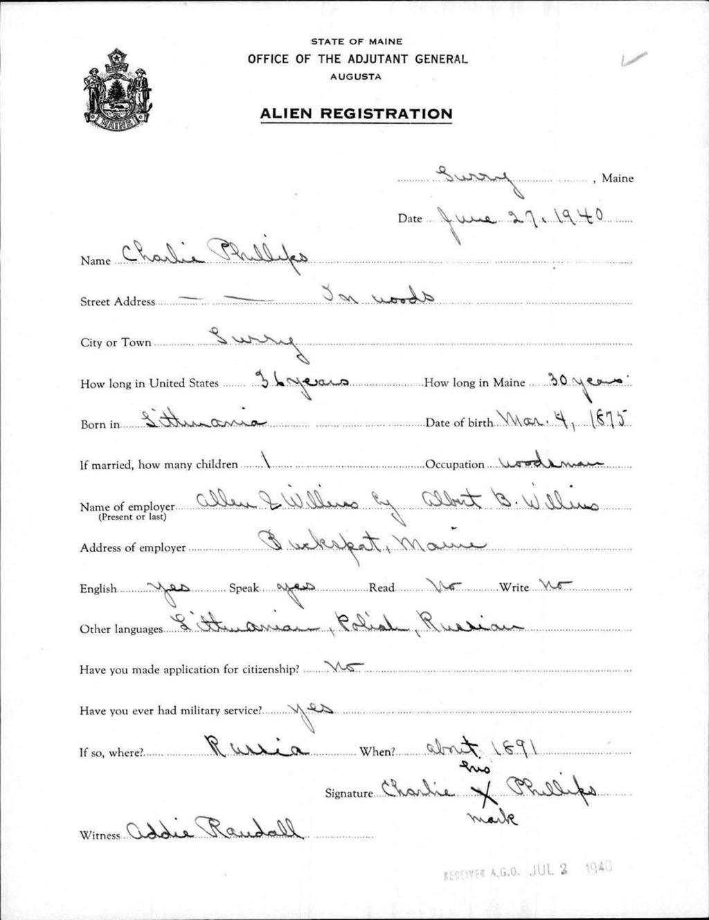 Miniature of Alien Registration- Phillips, Charlie (Surry, Hancock County)