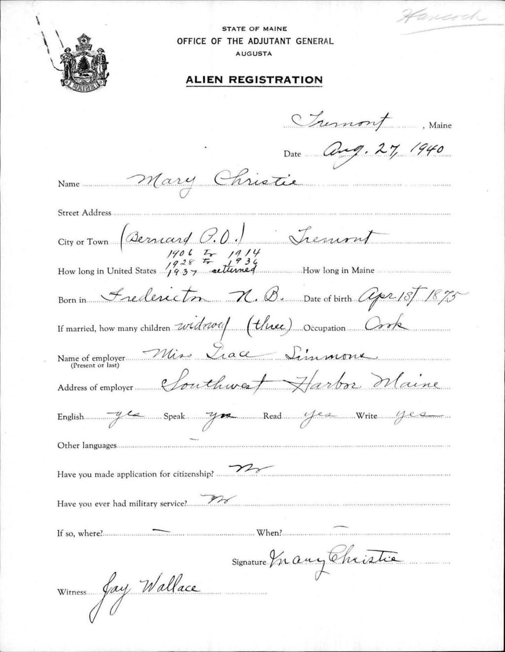 Miniature of Alien Registration- Christie, Mary (Tremont, Hancock County)