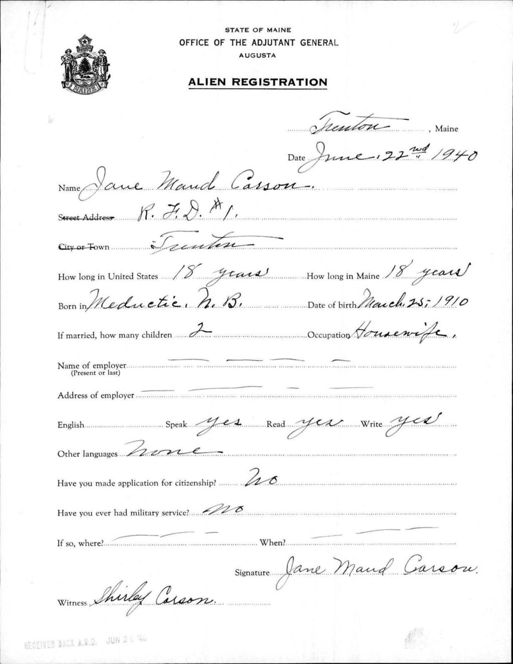 Miniature of Alien Registration- Carson, Jane M. (Trenton, Hancock County)