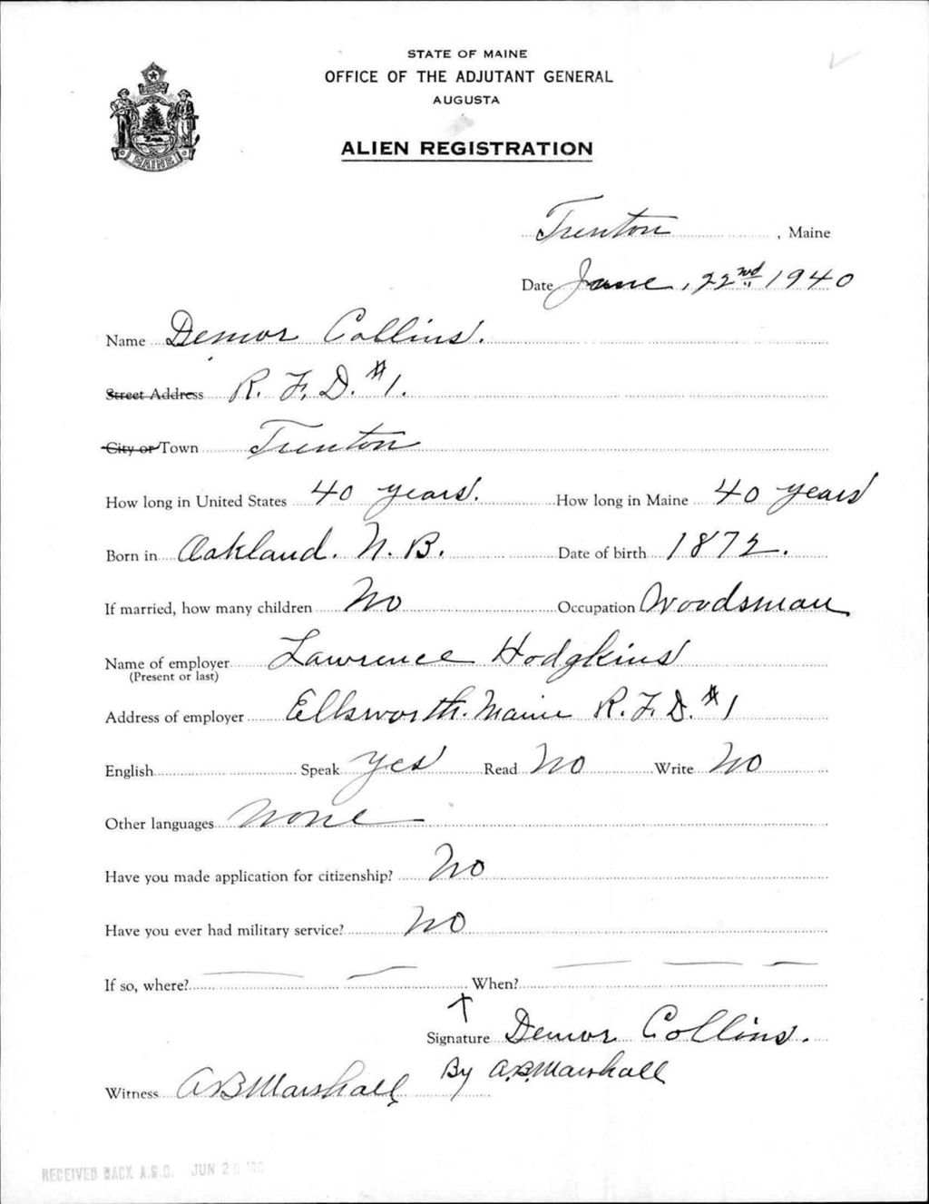 Miniature of Alien Registration- Collins, Demor (Trenton, Hancock County)