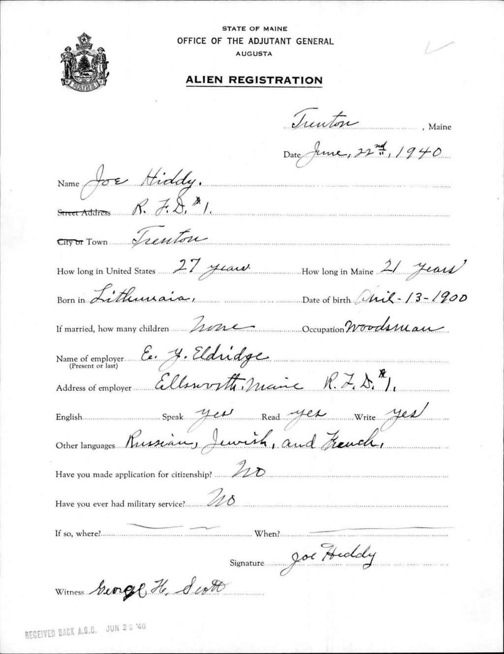Miniature of Alien Registration- Hiddy, Joe (Trenton, Hancock County)