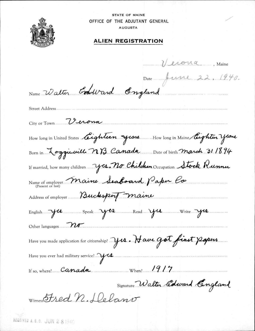 Miniature of Alien Registration- England, Walter E. (Verona, Hancock County)