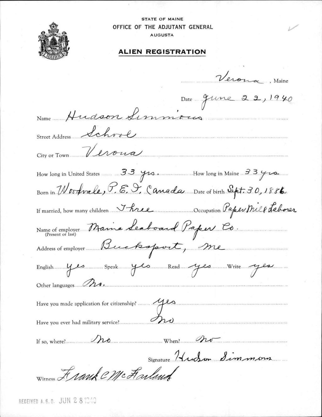Miniature of Alien Registration- Simmons, Hudson (Verona, Hancock County)