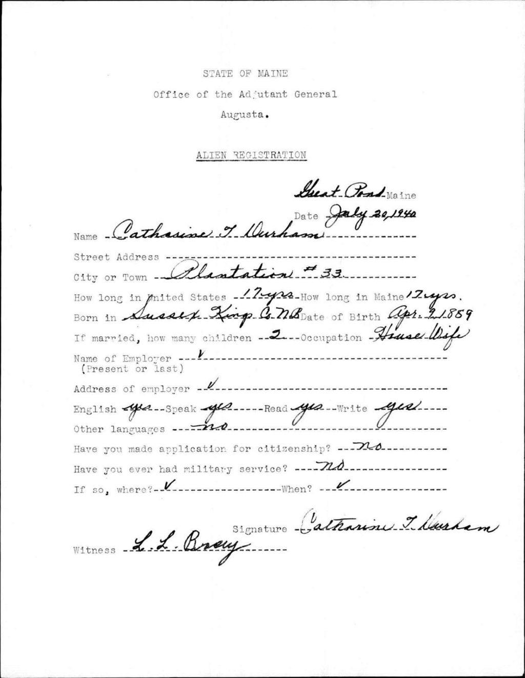 Miniature of Alien Registration- Durham, Catherine T. (Great Pond, Hancock County)