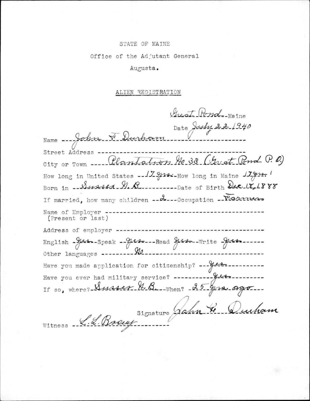 Miniature of Alien Registration- Durham, John F. (Great Pond, Hancock County)