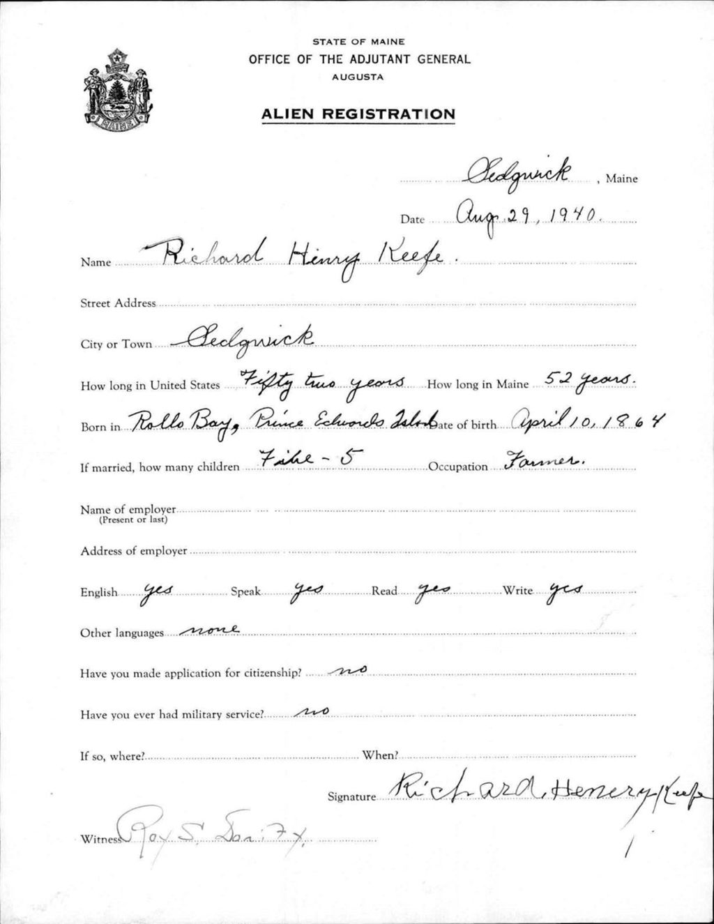 Miniature of Alien Registration- Keefe, Richard H. (Sedgwick, Hancock County)