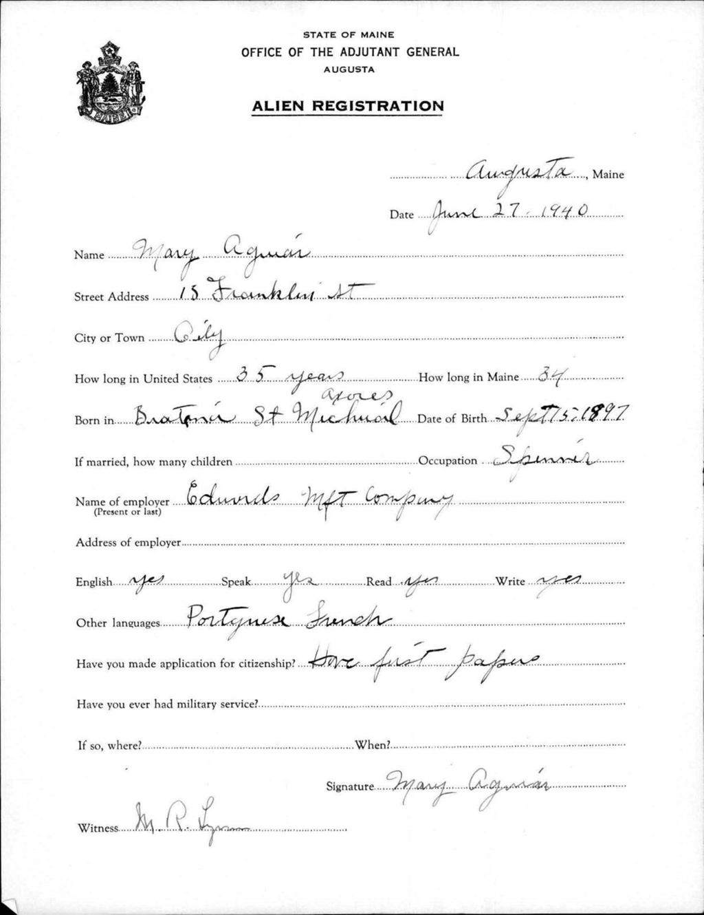Miniature of Alien Registration- Aguiar, Mary (Augusta, Kennebec County)