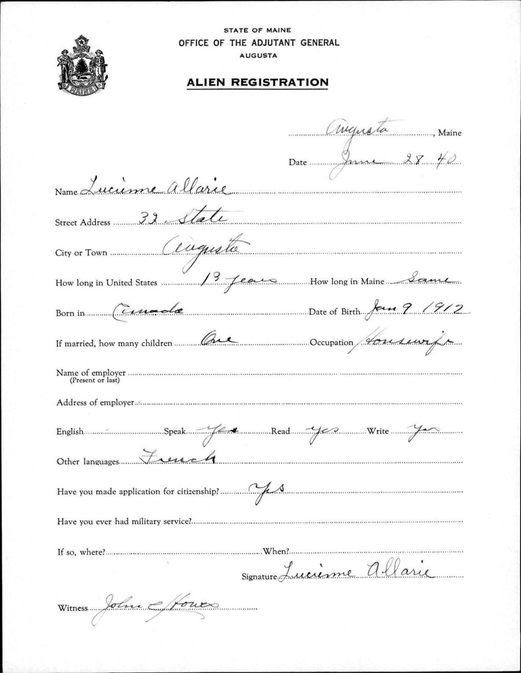 Miniature of Alien Registration- Allaire, Lucienne (Augusta, Kennebec County)